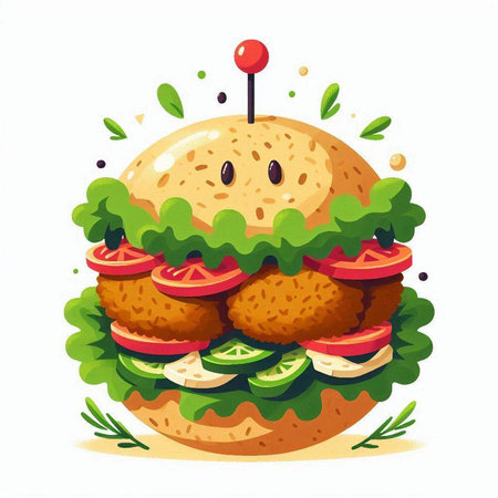 illustration of a hamburger with lettuce, tomato and cucumberのイラスト素材