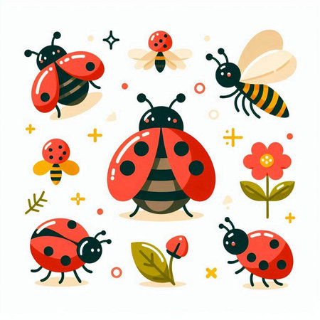 Cute ladybugs and flowers. Vector illustration in flat style.のイラスト素材
