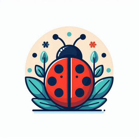 Ladybug with flowers and leaves. Vector illustration in flat style.のイラスト素材