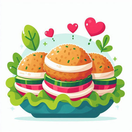 Burgers with vegetables and meat. Vector illustration in flat styleのイラスト素材
