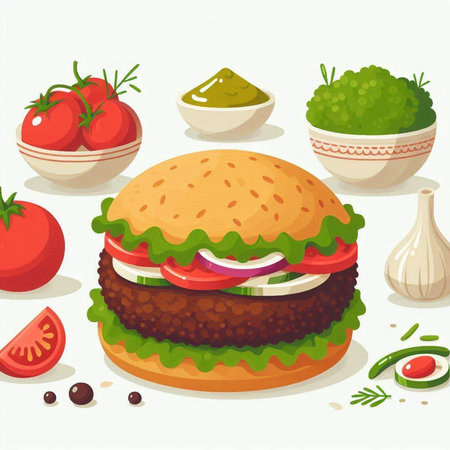 Illustration of a big hamburger with vegetables and sauce on a white backgroundのイラスト素材