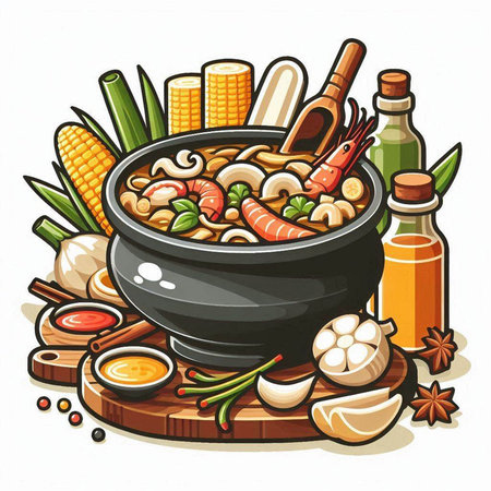 Illustration of a bowl of soup with vegetables, mushrooms and spicesのイラスト素材