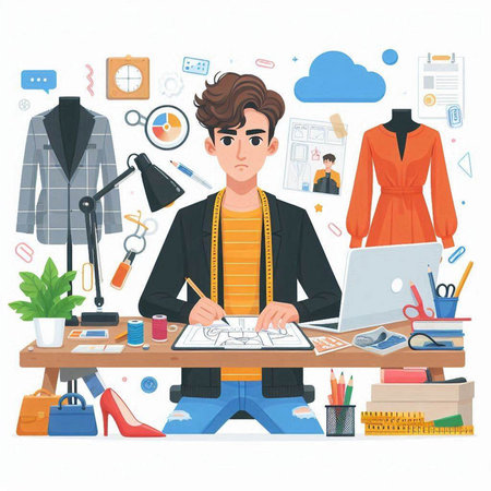 Fashion designer working at office. Vector illustration in cartoon style.のイラスト素材