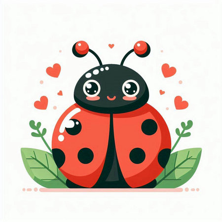 Cute cartoon ladybug with hearts and leaves. Vector illustration.のイラスト素材