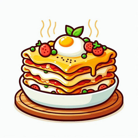 Illustration of a stack of pancakes on a plate with a fried eggのイラスト素材