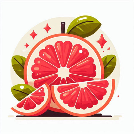 Ripe red grapefruit with leaves on a white background. Vector illustration.のイラスト素材