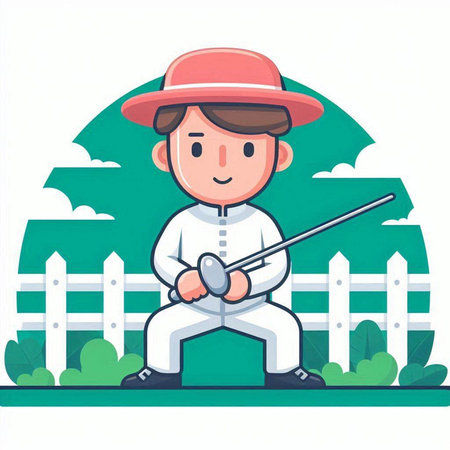 Boy playing fencing in the park. Vector illustration in cartoon style.のイラスト素材