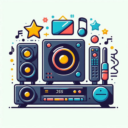 Music and sound equipment, flat line art design. Vector illustration.のイラスト素材
