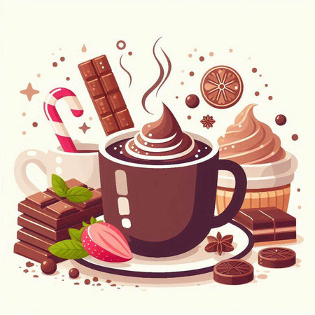 Cup of hot chocolate and sweets. Vector illustration in cartoon styleのイラスト素材