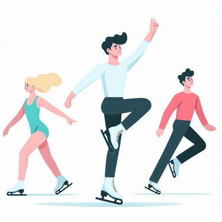 Group of people skating on ice. Vector illustration in cartoon style.のイラスト素材