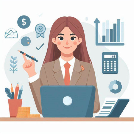 Business woman working at office with laptop. Vector illustration in flat styleのイラスト素材