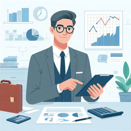 Businessman with tablet in the office. Vector illustration in cartoon styleのイラスト素材