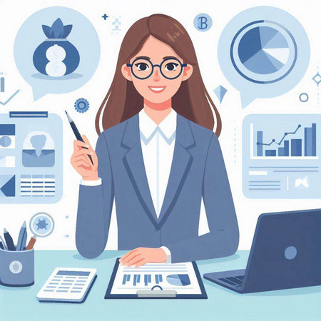 Business woman working at the office. Vector illustration in flat style.のイラスト素材