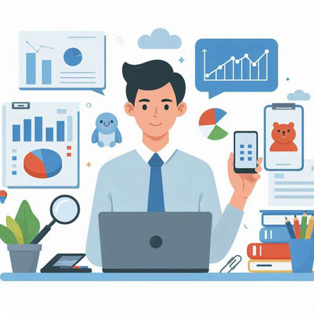 Businessman working on laptop in office. Vector illustration in flat styleのイラスト素材