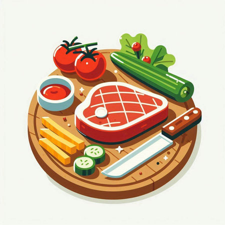 Steak and ingredients for cooking. Vector illustration in cartoon style.のイラスト素材