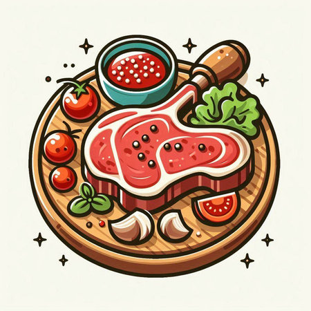 Steak and vegetables on a wooden cutting board. Vector illustration.のイラスト素材
