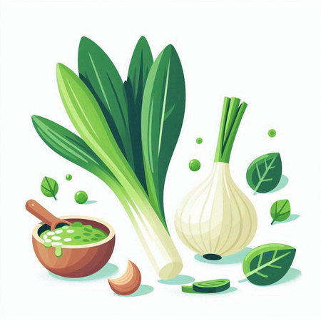 Vegetable vector illustration. Fresh green onion, garlic, parsley and pestle.のイラスト素材