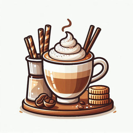 Coffee cup with whipped cream and coffee beans. Vector illustration.のイラスト素材