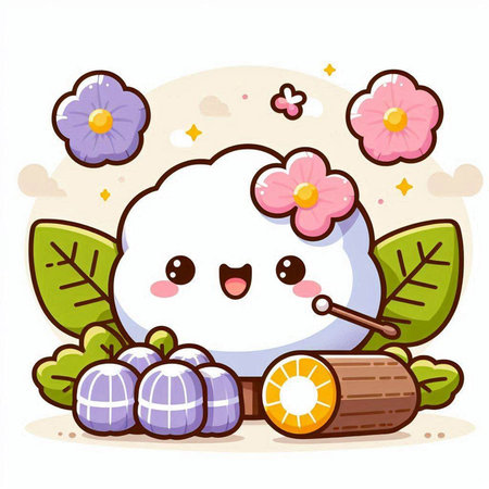 Illustration of a Cute White Cloud Mascot Character with Flowersのイラスト素材