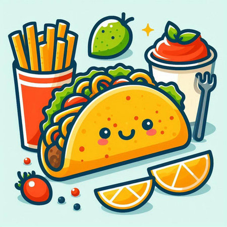 Kawaii fast food vector illustration. Cute kawaii taco with fries and cola.のイラスト素材