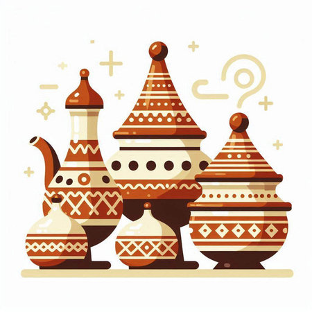 Vector set of earthenware utensils in ethnic styleのイラスト素材