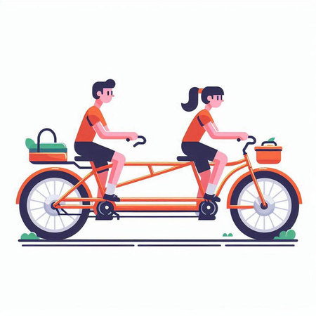 Young man and woman riding tandem bicycle. Flat style vector illustration.のイラスト素材