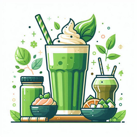 Green smoothie with ice cream in a glass and ingredients. Vector illustration.のイラスト素材