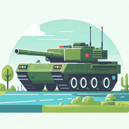 Military tank in flat style. Vector illustration of military equipment on green background.のイラスト素材
