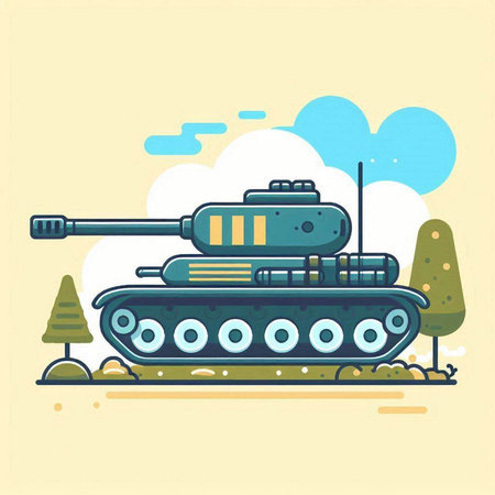 Military tank. Vector illustration in flat style on a yellow background.のイラスト素材
