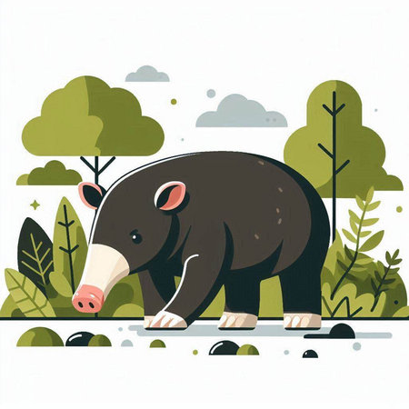 Vector illustration of a cute cartoon black bear in the forest. Flat style design.のイラスト素材