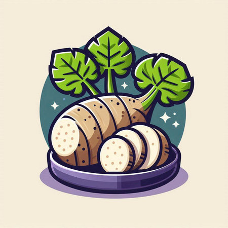Illustration of yam in a bowl with parsley leaves.のイラスト素材