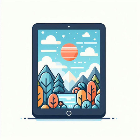 Vector illustration of a tablet with nature landscape on the screen. Flat style design.のイラスト素材