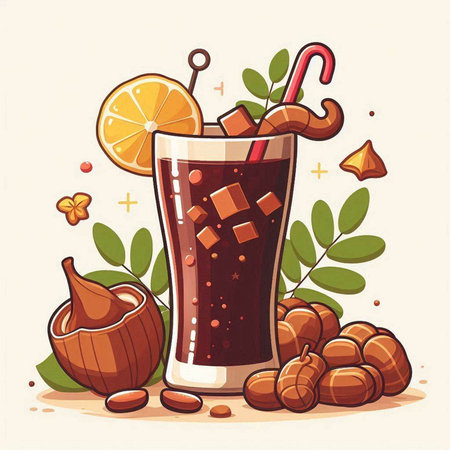 Cocktail with fruits and nuts. Vector illustration of a glass of cola.のイラスト素材