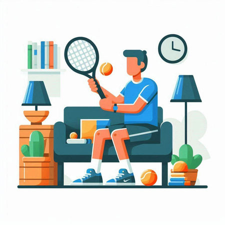 Man with tennis racket and ball in living room flat vector illustration.のイラスト素材