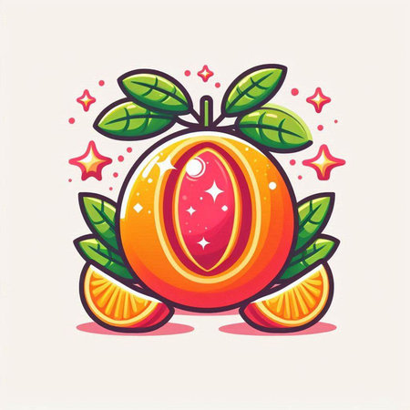 Orange fruit logo. Vector illustration of a ripe orange with leaves and stars.のイラスト素材