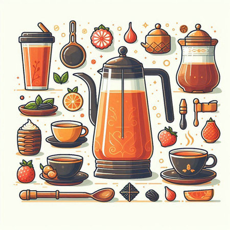 Coffee, tea set. Vector illustration in flat style.のイラスト素材