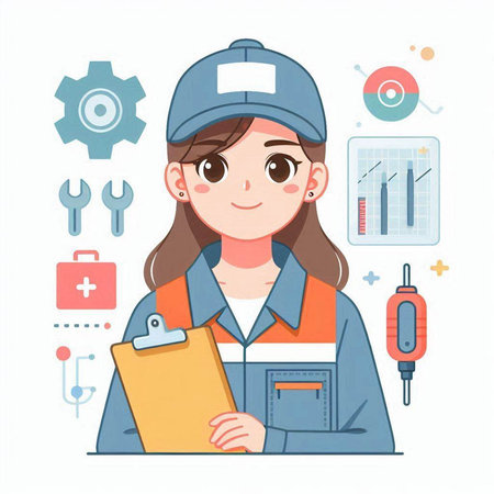 Mechanic woman in uniform with clipboard and tools. Vector illustration.のイラスト素材