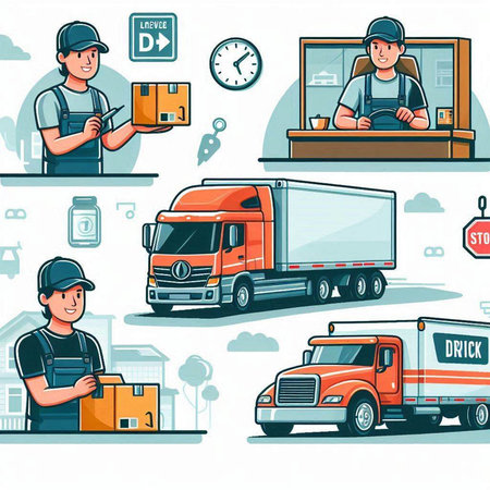 Delivery service icons set with truck and courier in uniform and uniform isolated vector illustrationのイラスト素材
