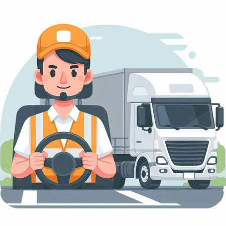 Illustration of a truck driver holding a steering wheel on the roadのイラスト素材