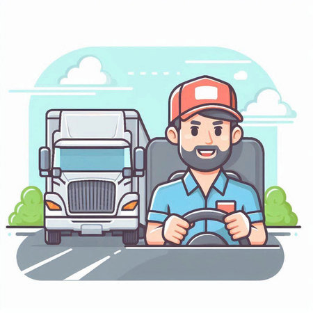 Vector illustration of a delivery man driving a truck on the road.のイラスト素材