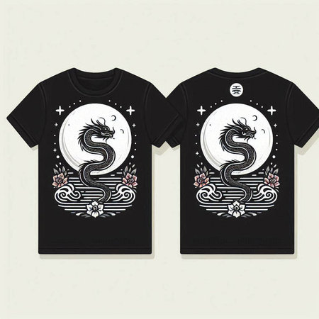 Black T-Shirt Design with Dragon Pattern. Vector Illustration.のイラスト素材