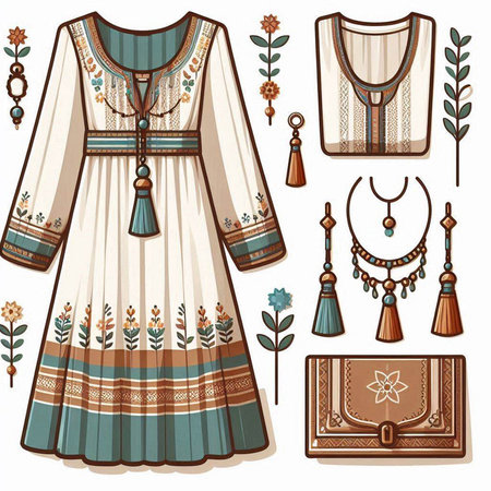 Set of ethnic clothing and accessories. Vector illustration. Cartoon style.のイラスト素材