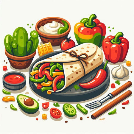 Mexican burrito with vegetables and sauce. Vector illustration in cartoon styleのイラスト素材