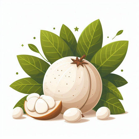 Mangosteen with leaves isolated on white background. Vector illustration.のイラスト素材