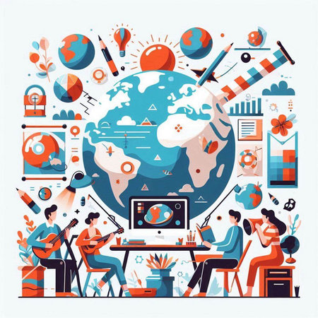 Flat design modern vector illustration concept of online education, distance learning, online courses, e-learning, webinar, course.のイラスト素材