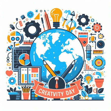 Vector illustration of World Creativity Day in flat design style. Concept for banner, poster, flyer, web design.のイラスト素材