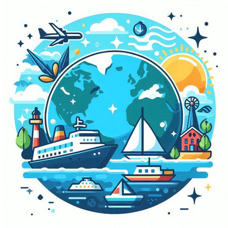 Vector illustration of a sea travel concept. Flat design of cruise ship, yacht, lighthouse, windmill, windmill, lighthouse.のイラスト素材