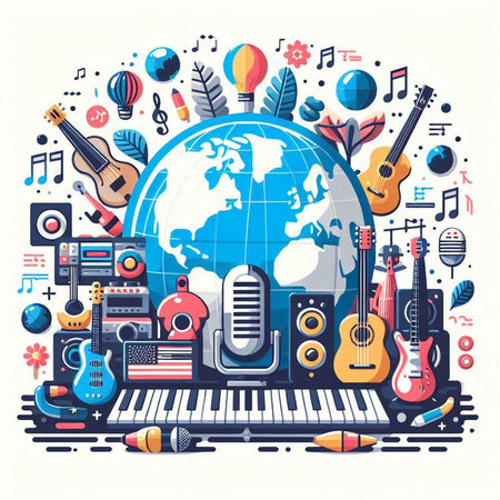 Musical instruments and world map. Music concept. Vector illustration.のイラスト素材