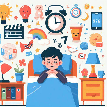 Cartoon man sleeping in bed with different icons on background. Vector illustrationのイラスト素材