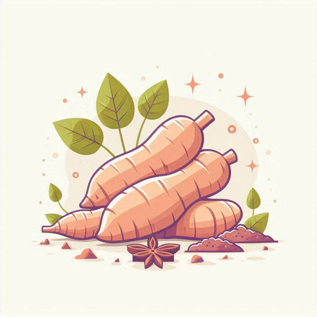 Illustration of sweet potato with green leaves and star anise.のイラスト素材
